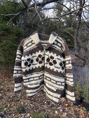 Handmade Chunky Zip-Front Cowichan-Style Sweater in Cream & Brown